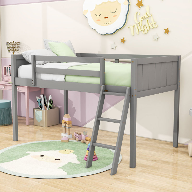 Wood Low Loft Bed with Ladder, ladder can be placed on the left or right, Grey, Twin
