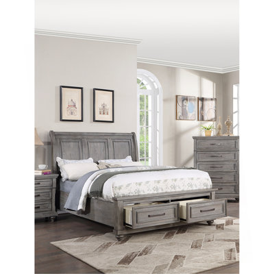 Bed W Under Bed Drawer Vintage Look Gray Color Beautiful Panel 1Pc Bedframe Bedroom