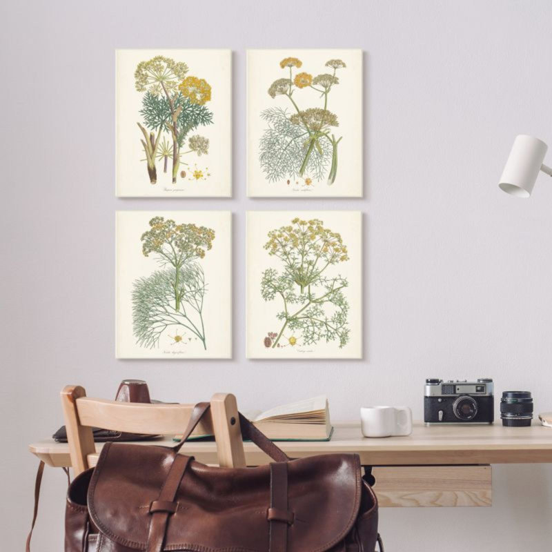 Étude de safran rétro avec herbes florales - ensemble de 4 impressions d'art graphique, H 15 po x l 10 po, Plaque murale