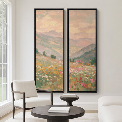 «Pastel Mountain Meadow Landscape», ensemble de 2 reproductions d'art encadrées sur toile 60 po x 20 po x 2, 60 po x 30 po x 2