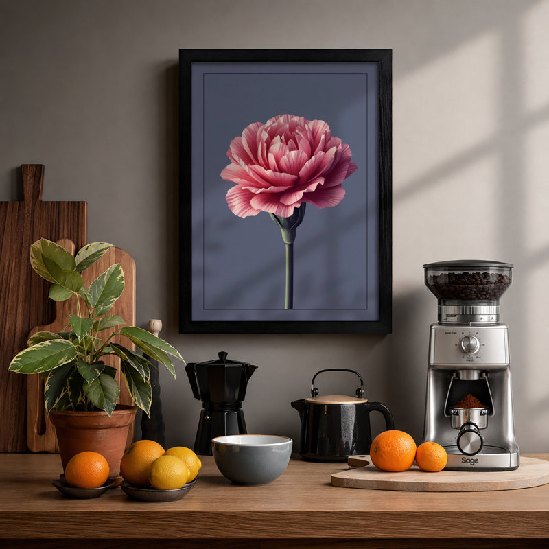 Pink Carnation Study Botanical - Framed Print, A2 - 59.4 x 42.0 cm, Black