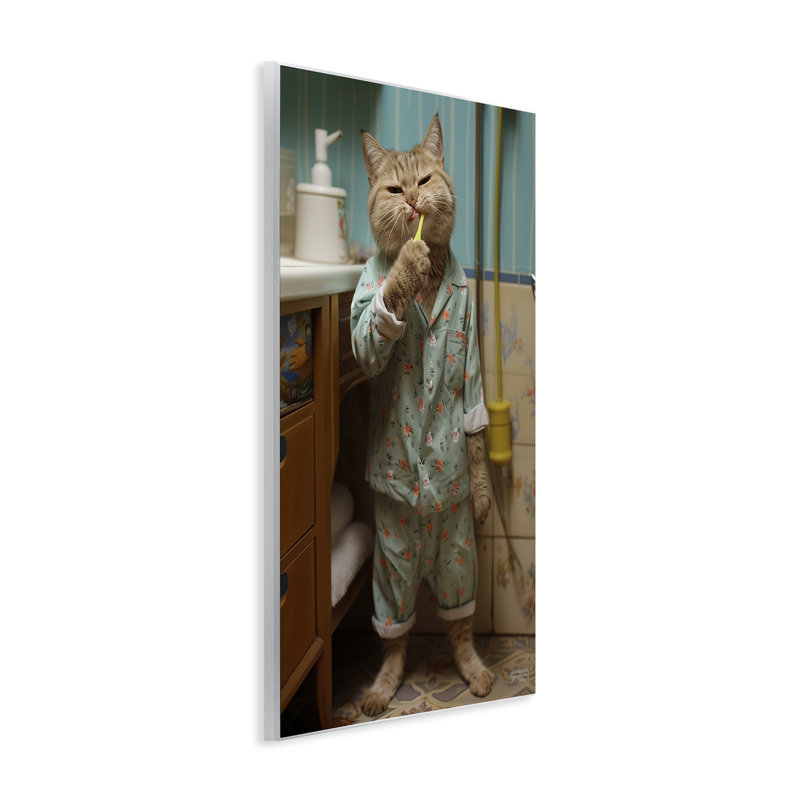 Cat Brushing Teeth Wall Plaque Art by Roozbeh Bahramali, 19" H x 13" W