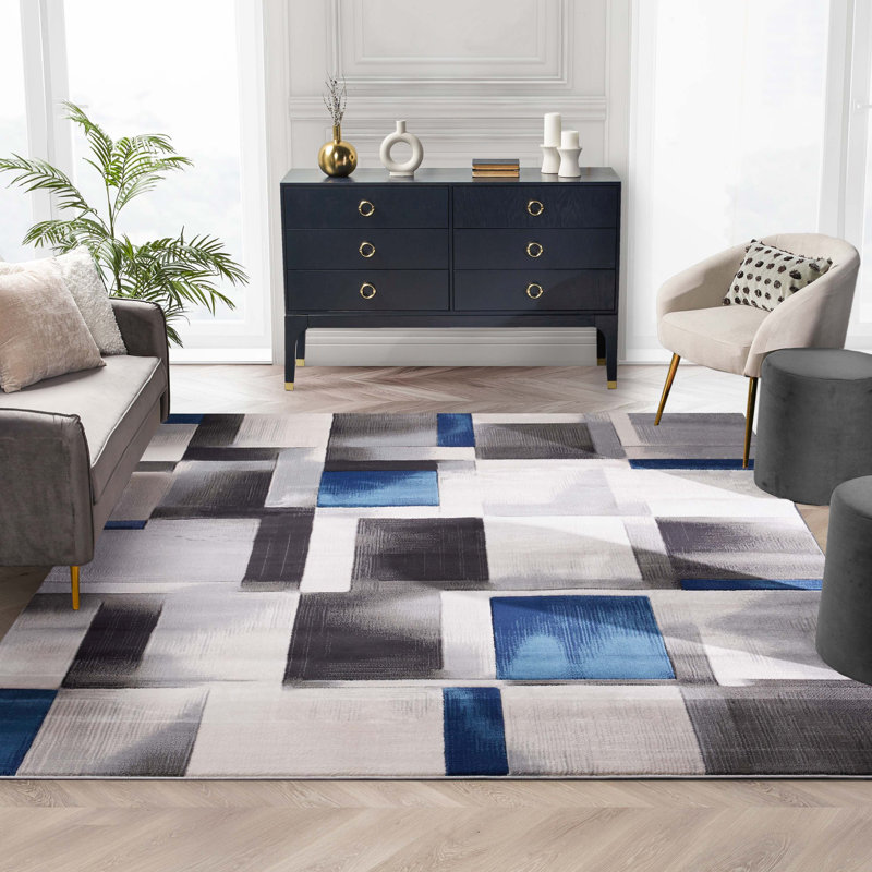 Cillan Modern Geometric Boxes 3D Textured Rug, Loom Blue, Rectangle 7'10" x 9'10"
