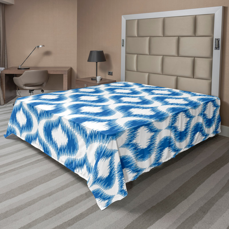 Ambesonne Top Flat Sheet Curving Art, King Flat Sheet, Blue White Damask