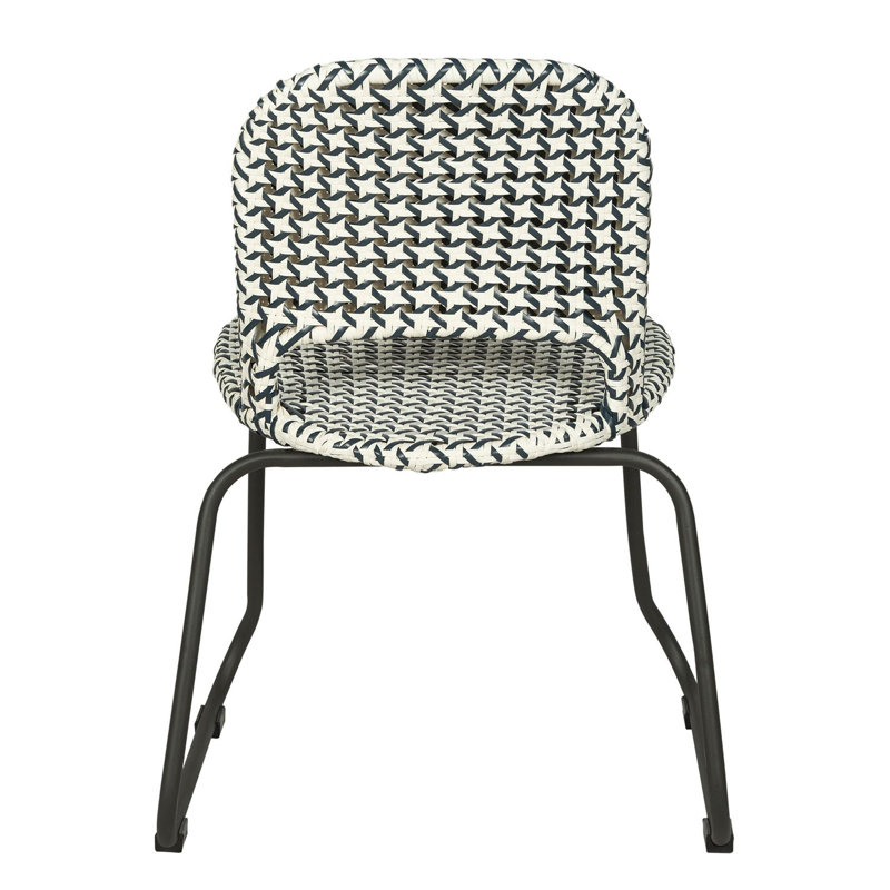 Luna Woven Rattan Outdoor Side Chair, Blue/White Seat/Black Frame