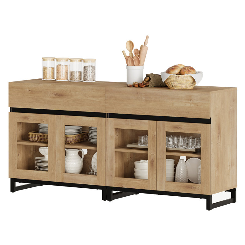 2 In 1 Multifunctional Sideboard Buffet Cabinets With 4 Glass Doors And 2 Drawers, Modern Sideboard Credenza With Metal Base, Coffee Bar Storage Cabinet For Living Room, Kitchen