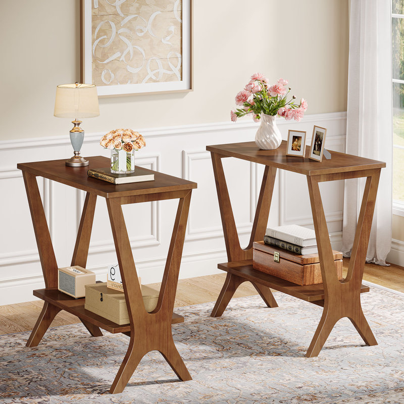 23.6"W End Table With 2-tier Storage Shelves,Solid Wood Side Table For Living Room