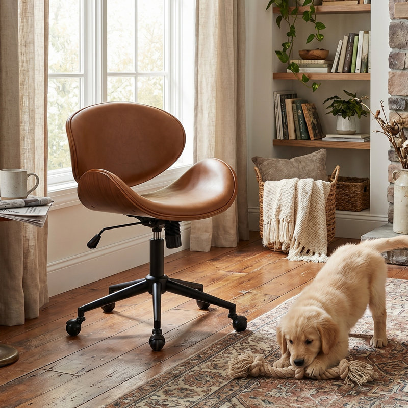 Upholstered Office Chair Adjustable Height Desk & Task Chair With Bentwood Faux Leather Swivel Chair With Metal Frame