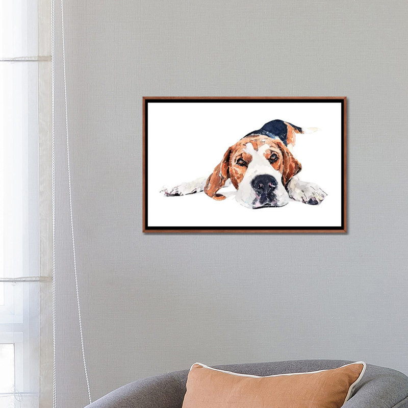 « Beagle Play Time » par Edwatercolours-impression, Toile avec cadre en bois brun classique, Pas de tapis