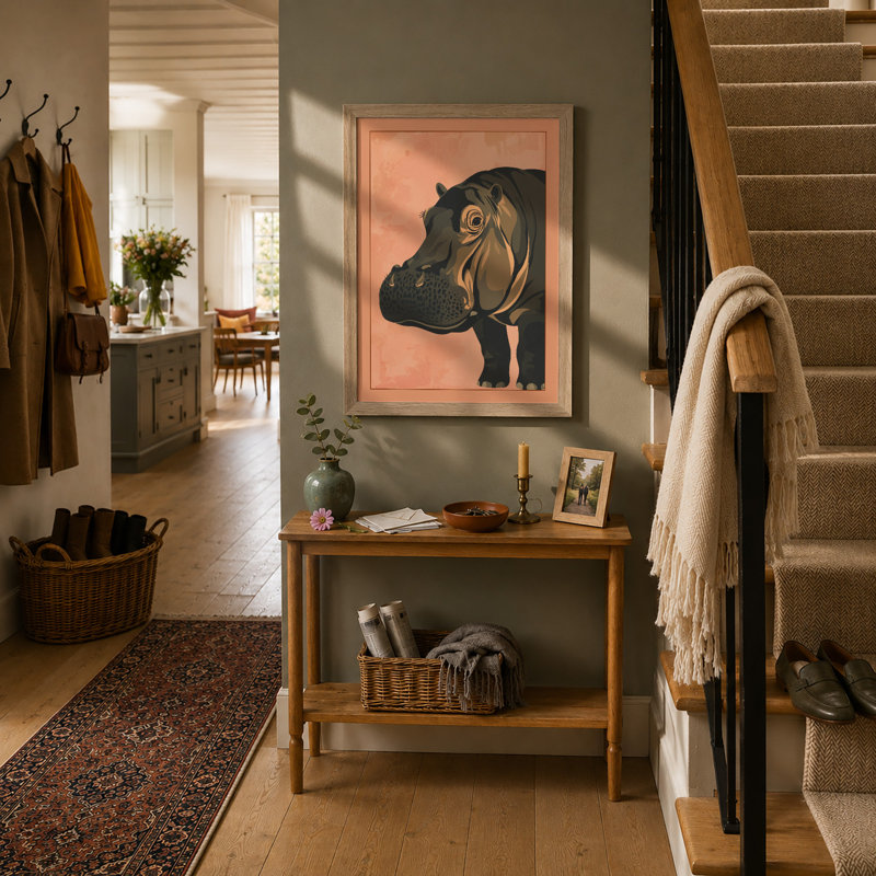 Hippopotamus Profile Modern - Framed Print, A2 - 59.4 x 42.0 cm, Oak