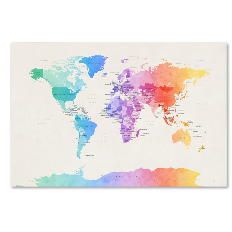 Carte du monde politique en aquarelle sur toile tendue, H 30 po x l 47 po x p 2 po