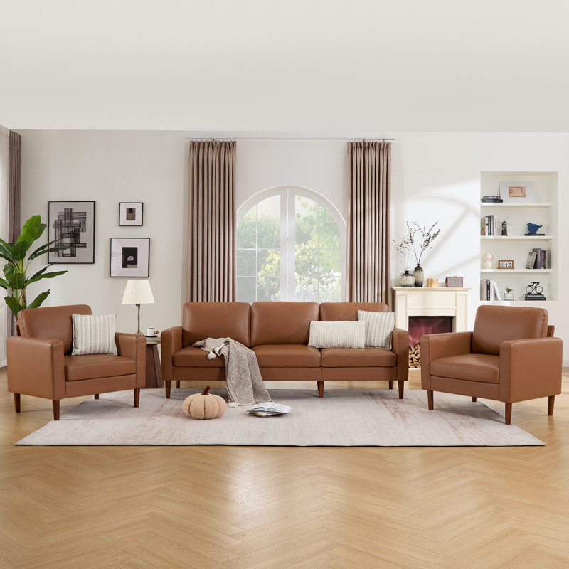 Ensemble de salon avec canapé 91,73 po et 2 fauteuils, Similicuir café