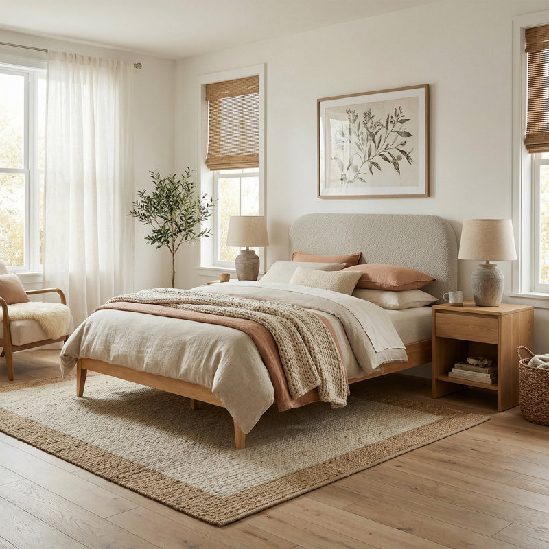 Mid-Century Modern Solid Wood Boucle Upholstered Headboard Bed Frame With USB & Type-C Port, Oat, King