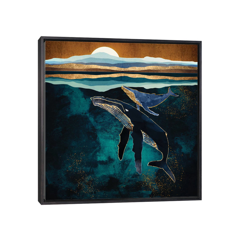 Moonlit Whales - impression d'art graphique, Aucun mat, H 18 po x l 18 po x 1,5 po, Toile avec cadre noir patiné
