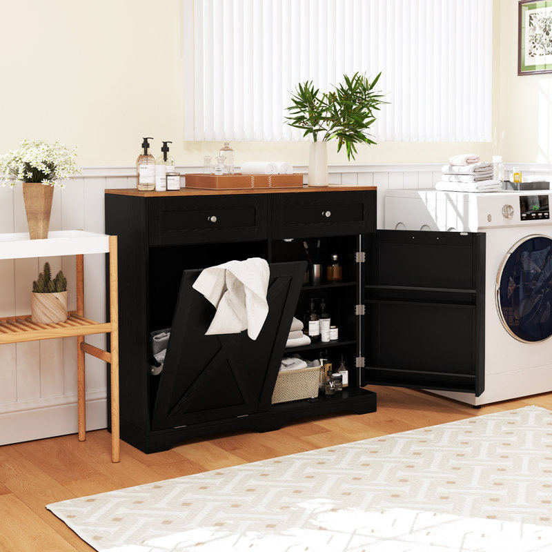 Trash Bin Cabinet Tilt Out Garbage Cabinet W/ Anti-tipping Kit & Adjustable Shelves, Black