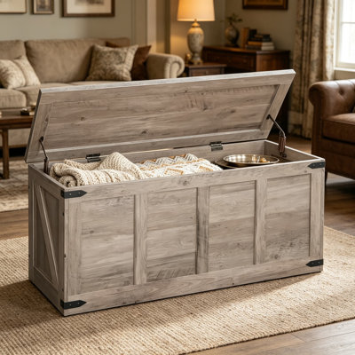 Banc de rangement avec charnières de sécurité, organisateur de boîte à jouets en bois de ferme 47,2 pouces, coffre de rangement pour salon, chambre à coucher, couloir, entrée