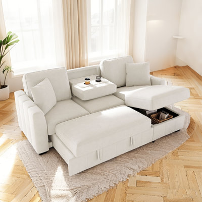 90" L-Shaped Sectional Sleeper Sofa With Reversible Storage Chaise,Modern Convertible Pull Out Couch Bed With Dual Cup Holders And 2 Pollows