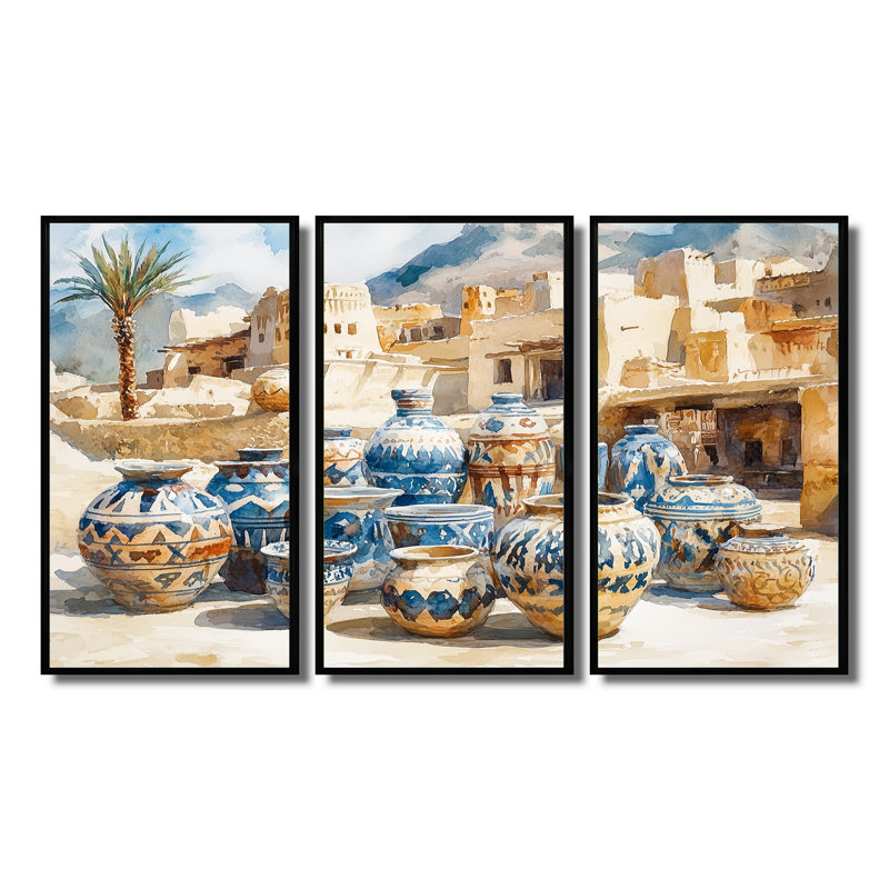 Ensemble d'art mural brun et bleu, poterie du désert africain I - Boho, H 28 po x l 36 po x P 1 po