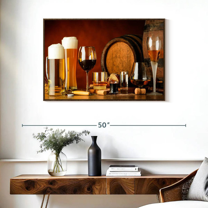 Vin et bière, 37 po x 25 po, Cadre flottant noyer