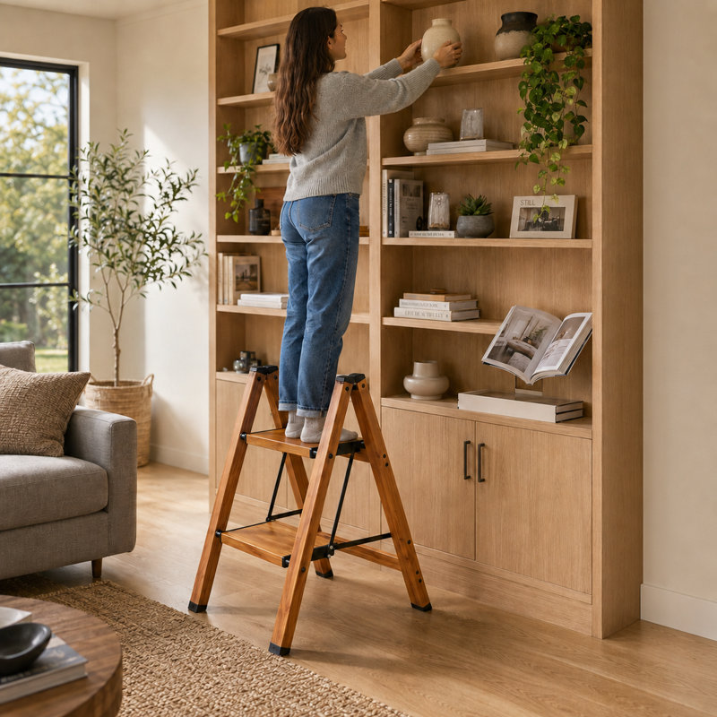 Escabeau pliant à 2 marches avec pédales larges antidérapantes, escabeau léger pour la cuisine et la maison, grain de bois