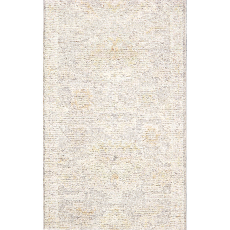 Oushak Hand-Knotted Silver Wool Area Rug, Runner 2'9" x 11', Cream