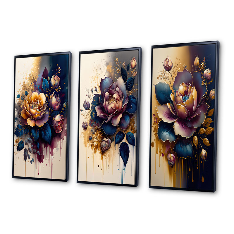 " Night Shade Rose Design " 3 Piece Art Set, Black, 40" H x 60" W