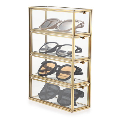 Sunglasses Organizer Box With 4 Drawers, Gold Metal Eyeglass Storage Holder Eyewear Display Case, Clear Glass Multiple Drawer Organizer For Glasses Jewelry Watch Vanity Makeup