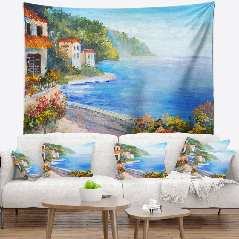 Maison près de la tapisserie de la mer bleue, H 32 po x l 39 po