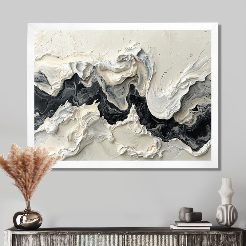 Marbre moderne, transfert de l'encre monochrome V - art mural abstrait en marbre, H 30 po x l 40 po, Cadre simple, Blanc