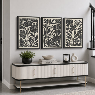 Abstrait botanique, art floral bohème noir et beige, photos murales de salon de style Mid-Century moderne, impression sur toile encadrée, 3 pièces, 16 po x 24 po x 3 pièces, 24 po x 36 po x 3 pièces, 20 po x 60 po x 3 pièces