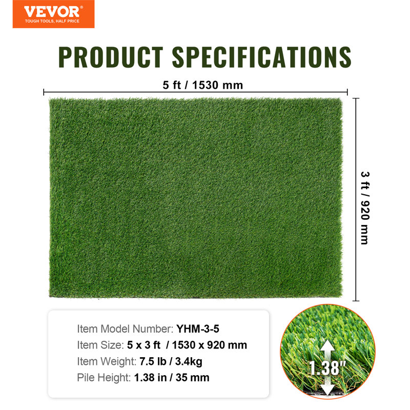 VEVOR 3 x 5 ft UV-Resistant Artificial Grass Turf with Drainage Holes