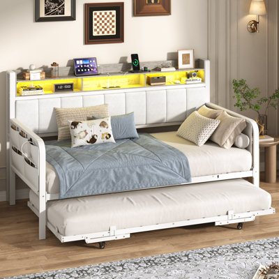 Daybed With Trundle, Metal Twin Daybed With Charging Station & LED Lights, Upholstered Sofa Bed Frame With Storage Pockets For Living Room Bedroom Guest Room, No Box Spring Needed