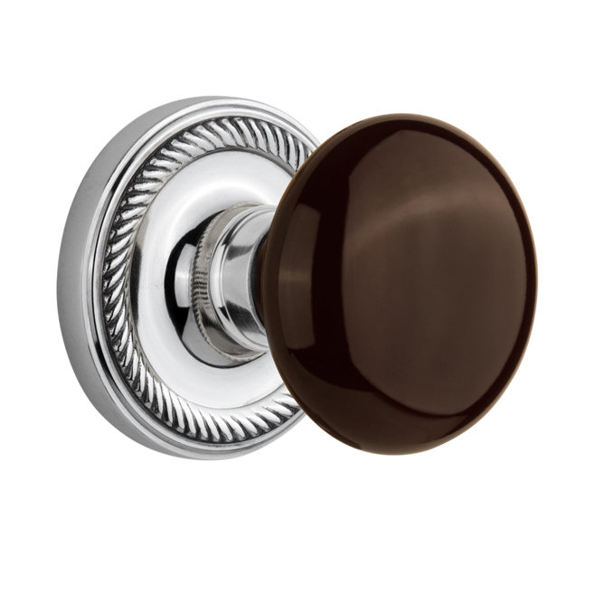 Rosette corde avec bouton de porte en porcelaine brune, Chrome brillant
