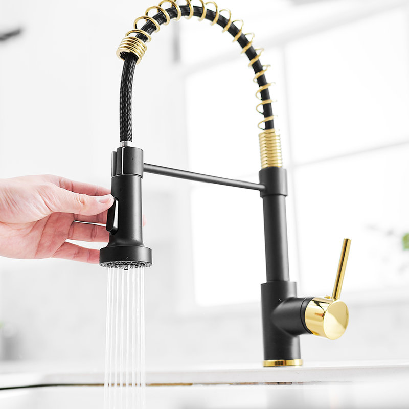 Single Handle Pull Down Kitchen Faucet, Black And Gold Color, Contemporary Style, High Arch Spout 360-Degree Rotation, Surface