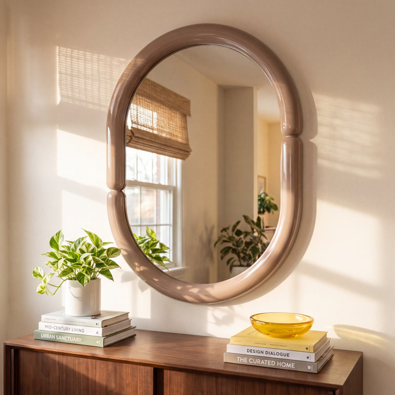 Lorinda Solid Wood Frame Oval Mirror, Khaki
