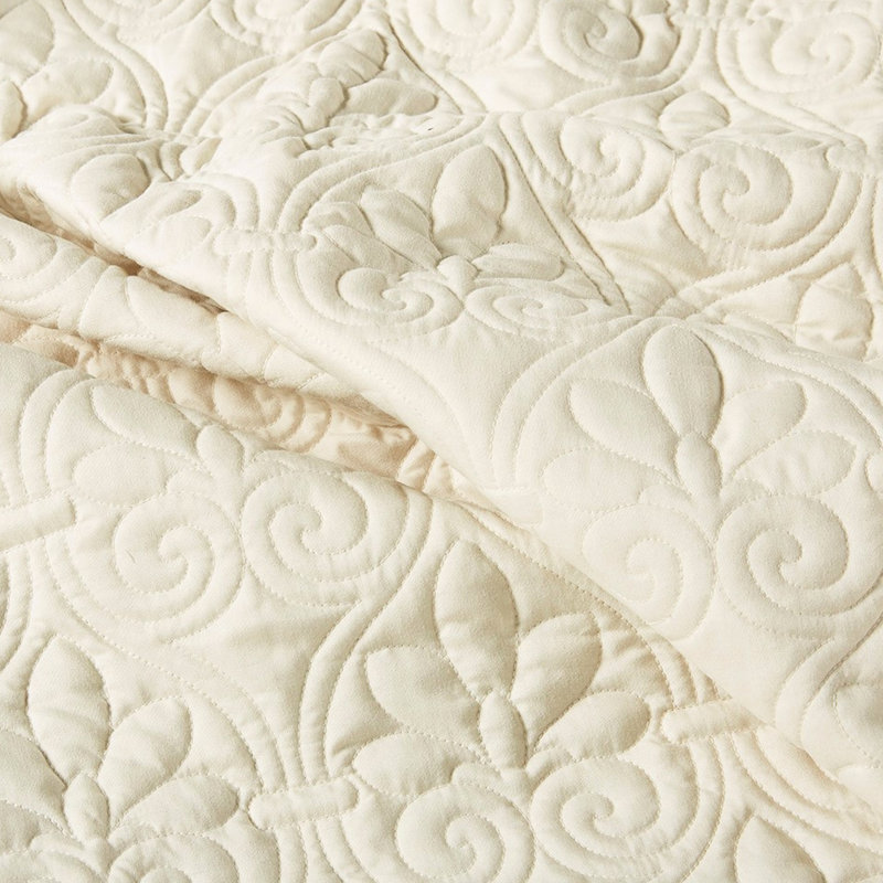 Ensemble de couvre-lit 3 pièces pour grand lit - couleur crème, coin fendu, plissé, tissu en microfibre, rembourrage plissé, microfibre, bourre, tendance