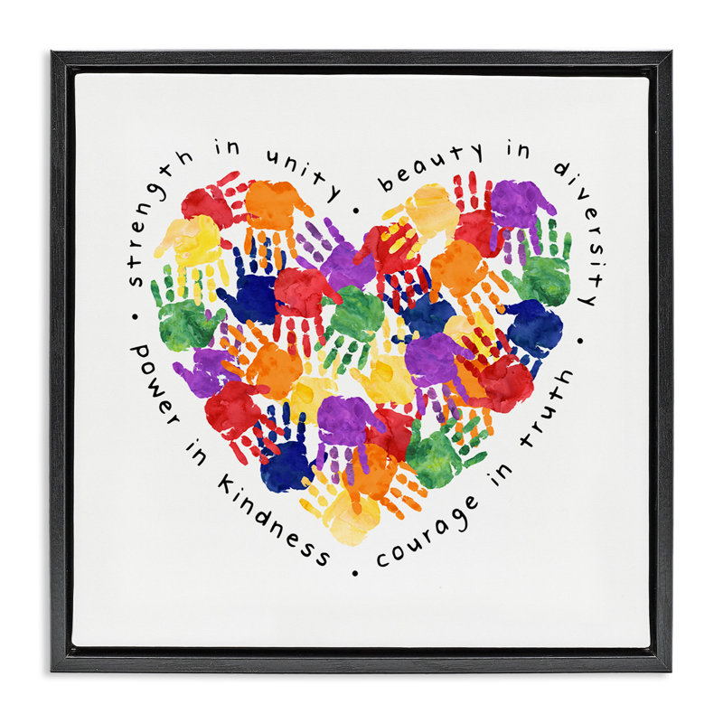 Force dans l'unité - Handprint Heart, Cadre flottant noir de jais, H 25 po x l 25 po