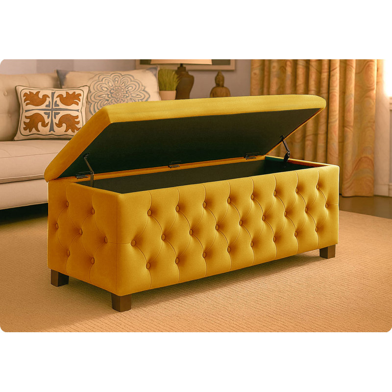 Empire Wide Chesterfield Rectangle Solid Color Standard Ottoman Storage Bench, Plush Velvet Upholstered Coffee Table with Legs