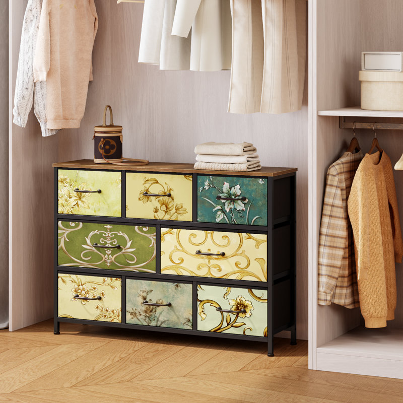 Commode 8 tiroirs en tissu avec plateau en bois, commode de rangement