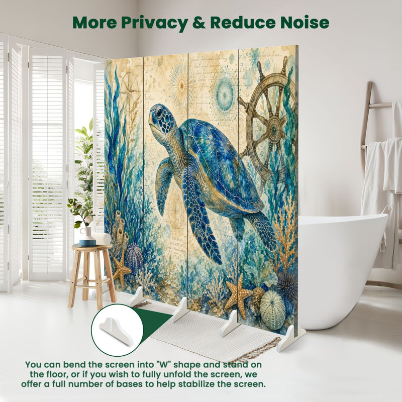 4 panneaux de paravent pliant paravent tortue de mer royale rétro nautique étoile de mer toile séparateur de pièce séparateur de protection autoportant cloison d'intimité pour salle de bain