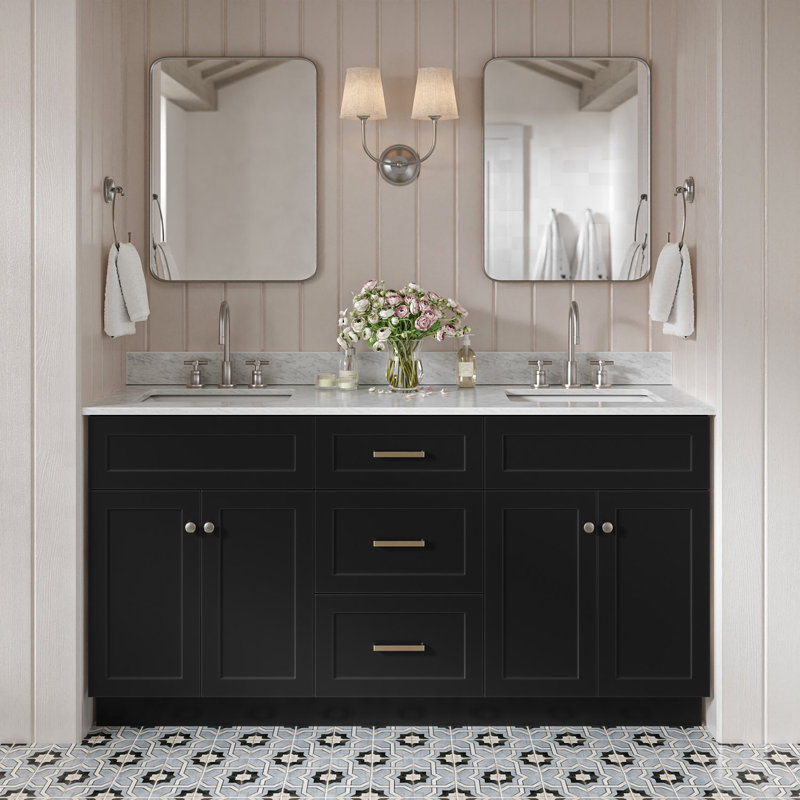 Partham 67'' Double Bathroom Vanity with Carrara Marble Top, Black, Brushed Nickel
