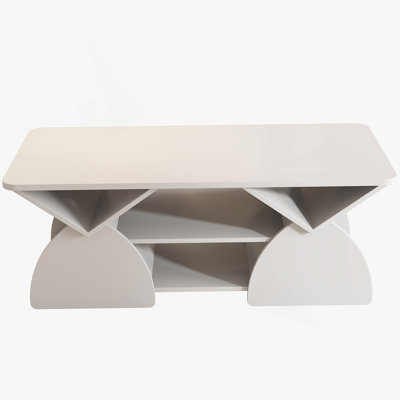 Engineered Wood Rounded Corner Rectangular Coffee Table For Living Room, Easy Assembly Storage Table With Open Shelves Sturdy Frame For Reception Room, Modern Coffee Table Geometric Design White