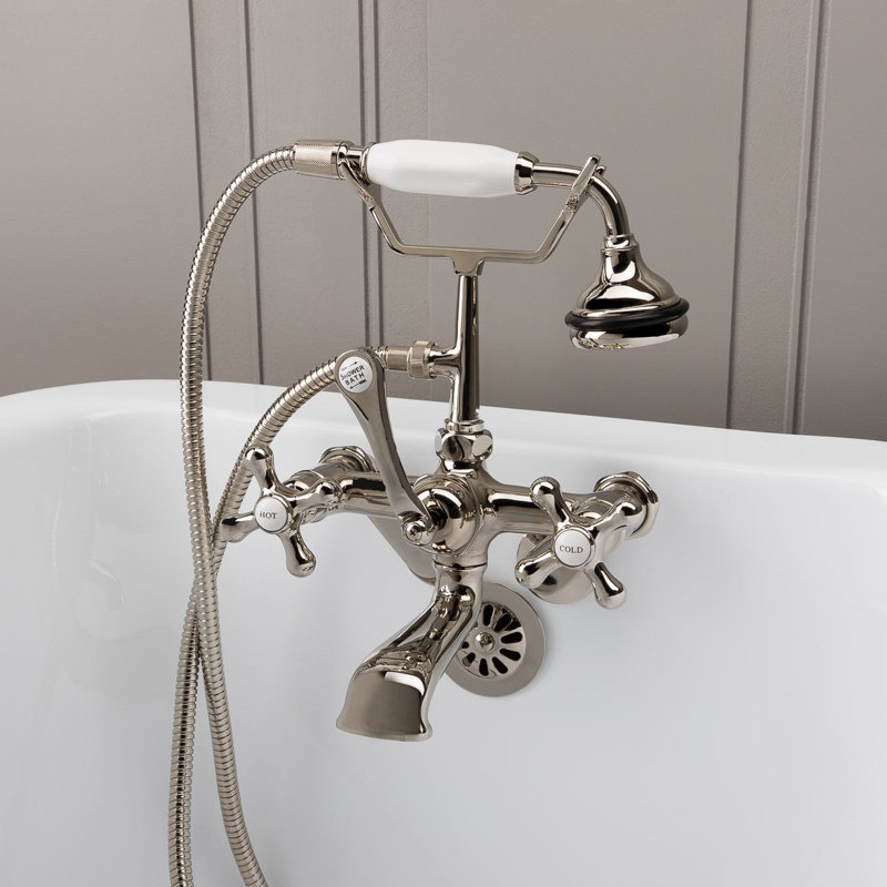 3 Handle Wall Clawfoot Tub Faucet with Diverter, Polished Nickel