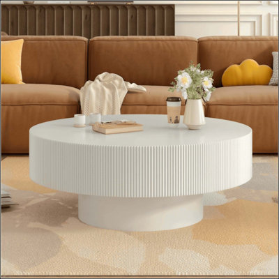 Elegant Easy Assembly Round Coffee Table With 6.8" Thick Tabletop, Modern Drum End Table, Minimalist Fluted Center Table With Sturdy Base For Living Room