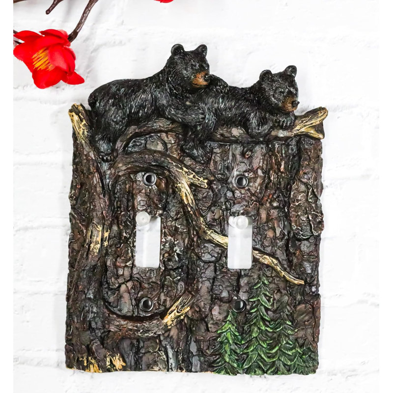 Set Of 2 Rustic Forest Black Bears Climbing Tree Double Toggle Switch Covers