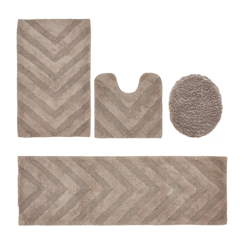 Ensemble de tapis pour salle de bain 100% coton de qualité supérieure Hugo 4 pièces avec envers antidérapant, lavable à la machine, luxueux tapis Chervon à motif super absorbant et touffeté pour la salle de bain, la douche et la baignoire