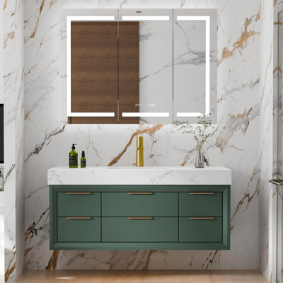 Ensemble de meuble-lavabo flottant 48 po avec comptoir en pierre reconstituée, 6 tiroirs à fermeture douce et éclairage DEL - structure en chêne massif