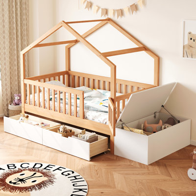 Lit pour tout-petits avec tiroirs de rangement et commode à plateau relevable, lit en bois massif avec barrières de sécurité et barrière, structure de lit de jeu pour enfants, compatible avec les matelas standard pour tout-petits américains, bois naturel et blanc