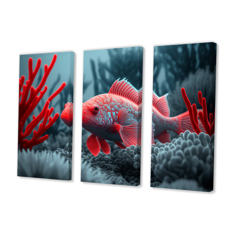 «Tropical Fish in Blue and Red II», reproduction sur toile 3 pièces, H 28 po x l 36 po x P 1 po, Toile tendue