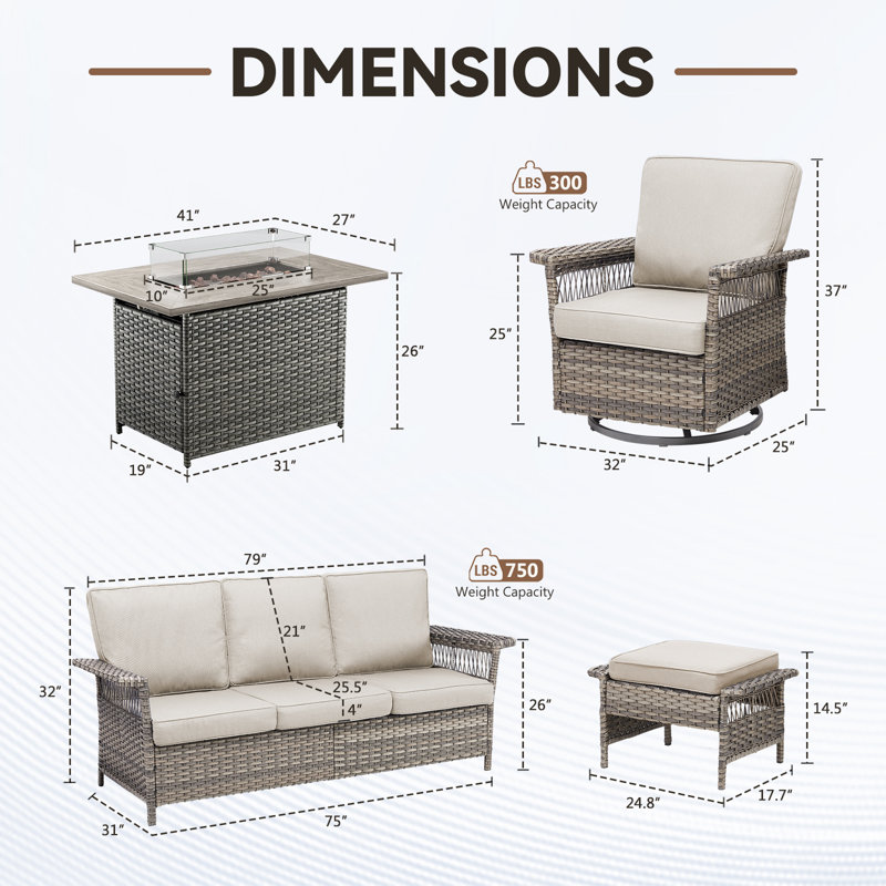Ensemble de conversation avec canapé d'extérieur 6 pièces Anferney, Beige